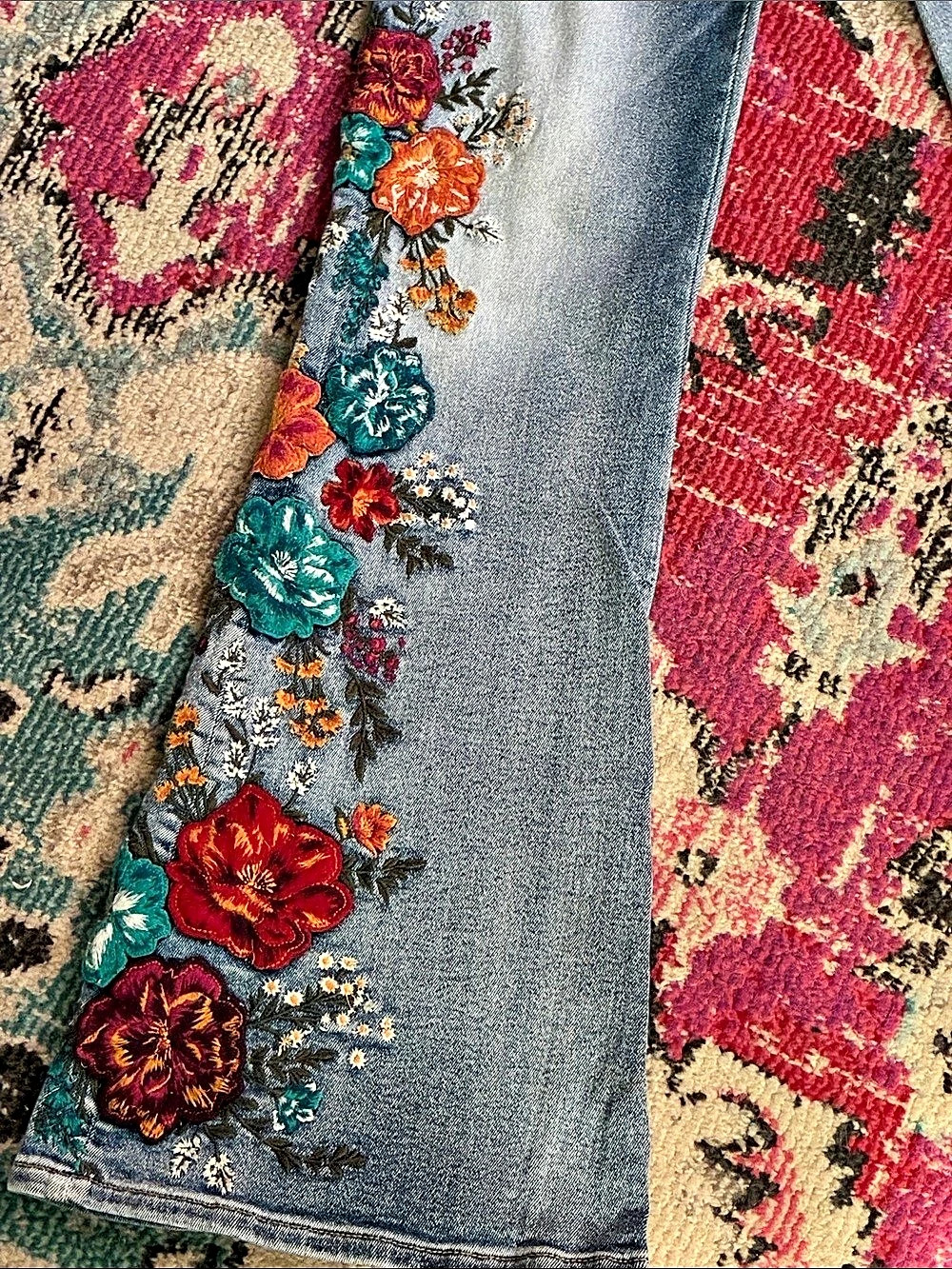 Driftwood x Free People Farrah Fall Flowers Embroidered Flare Jeans 29 - Picture 6 of 9